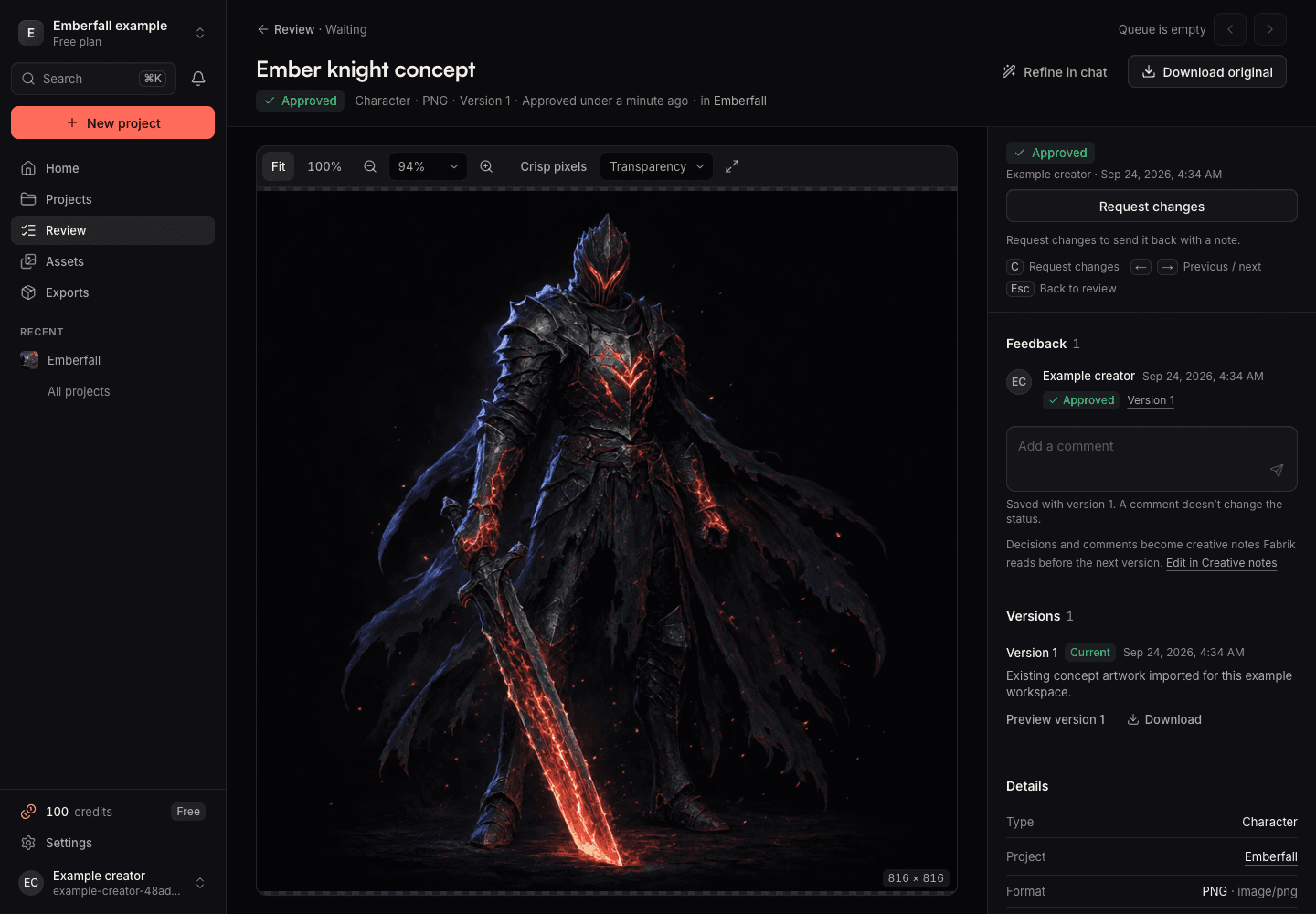 Fabrik character review screen with an approved Ember knight concept and saved review history